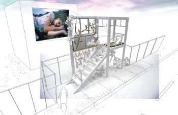 やぐら式のスペースを利用した防音壁への映写